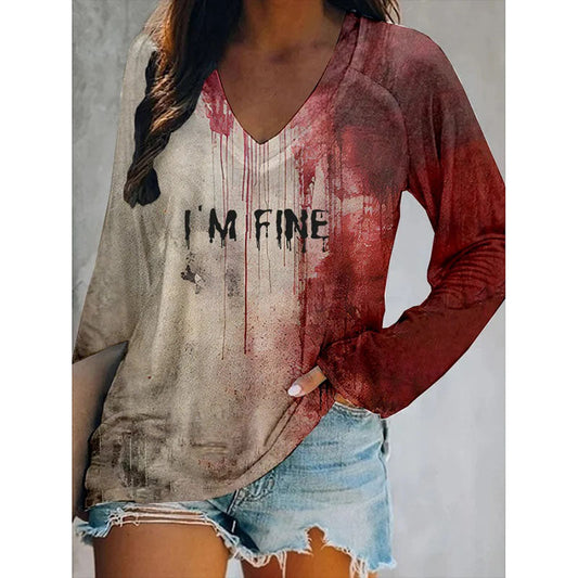 Women's Blood I'm Fine Halloween Print V-Neck Long Sleeve T-shirt