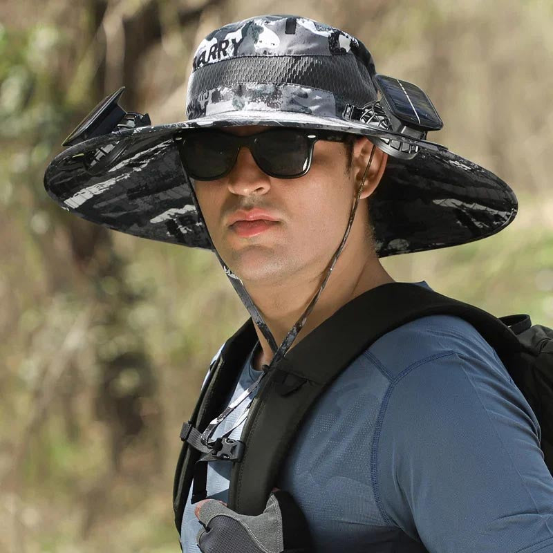 Outdoor Wide Brim Sun Hat With Solar Fan