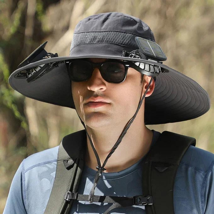 Outdoor Wide Brim Sun Hat With Solar Fan
