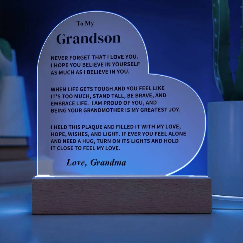 To My Grandson - From Grandma - Never Forget That I Love You - LED Heart Acrylic Plaque