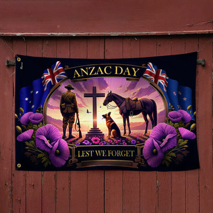 Anzac Day Animals in War Purple Poppy Grommet Flag