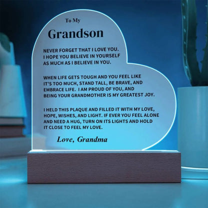 To My Grandson - From Grandma - Never Forget That I Love You - LED Heart Acrylic Plaque