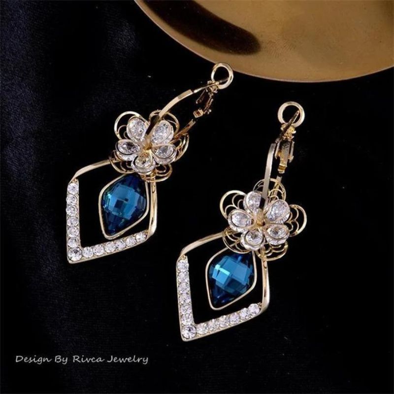 Flower Zircon Rhombic Sapphire Drop Earrings