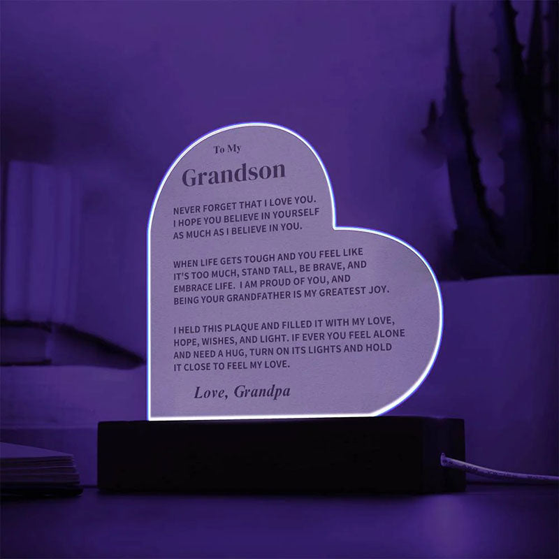 To My Grandson - From Grandpa - Never Forget That I Love You - LED Heart Acrylic Plaque