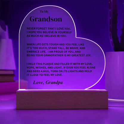 To My Grandson - From Grandpa - Never Forget That I Love You - LED Heart Acrylic Plaque