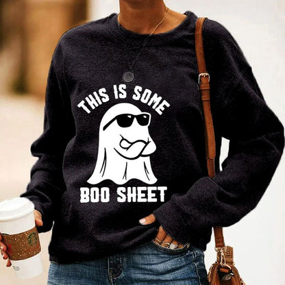 Women's Halloween This Is Some Boo Sheet Printed Crew Neck Long Sleeve Sweatshirt