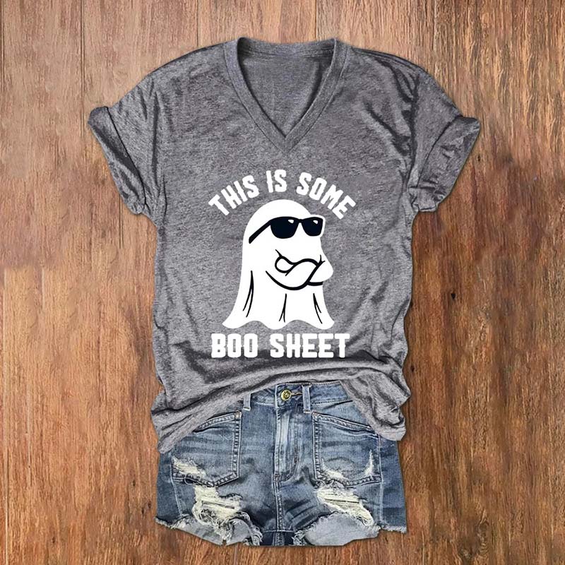 Women's Halloween This Is Some Boo Sheet Print V-Neck T-Shirt