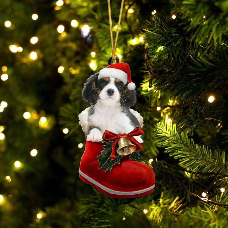 Cavalier King Charles Spaniel Tri-color In Santa Boot Christmas Hanging Ornament SB191